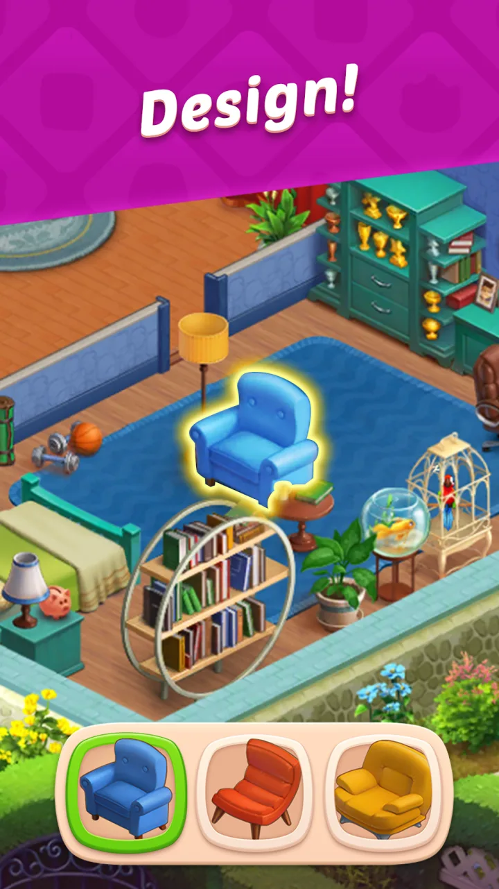 Homescapes room renovation view with a highlighted armchair