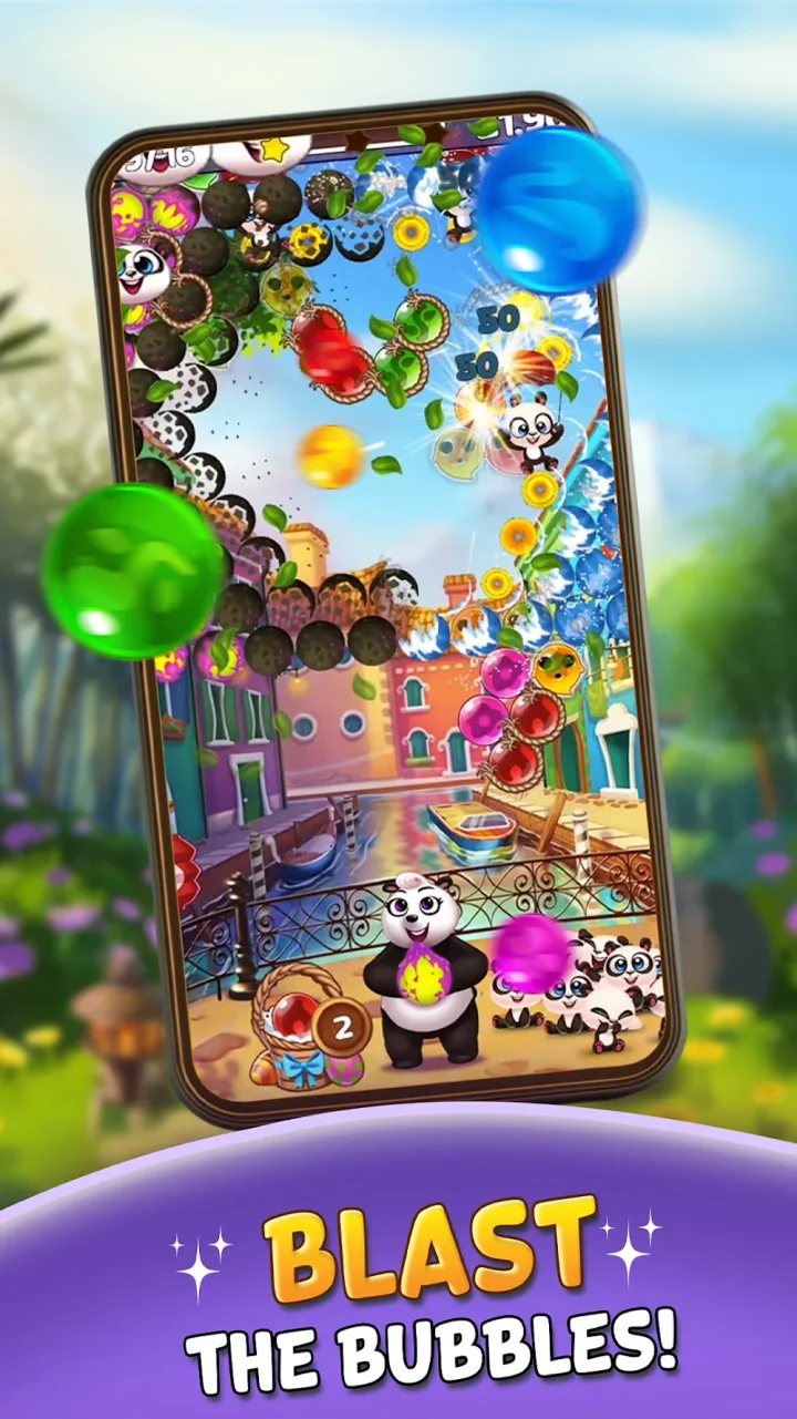 Panda Pop bubble shooter stage set on a canal scene