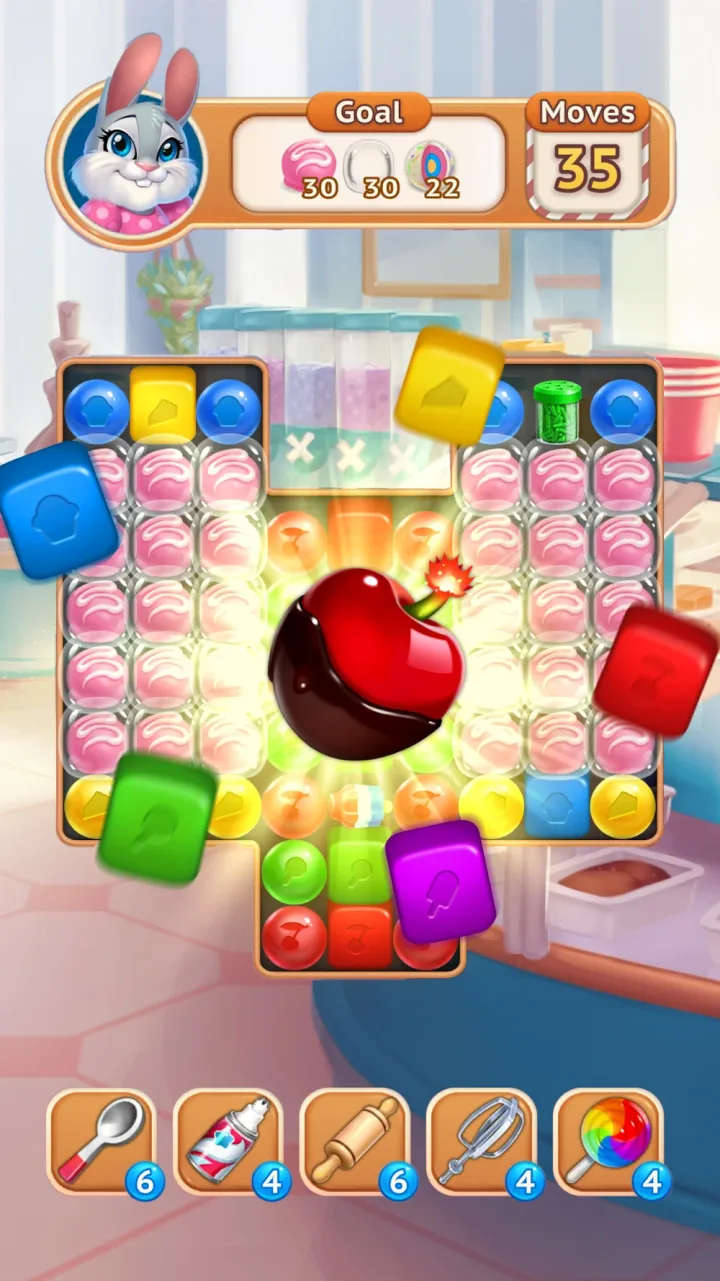 Sweet Escapes gameplay board with a cherry booster on a pastel grid