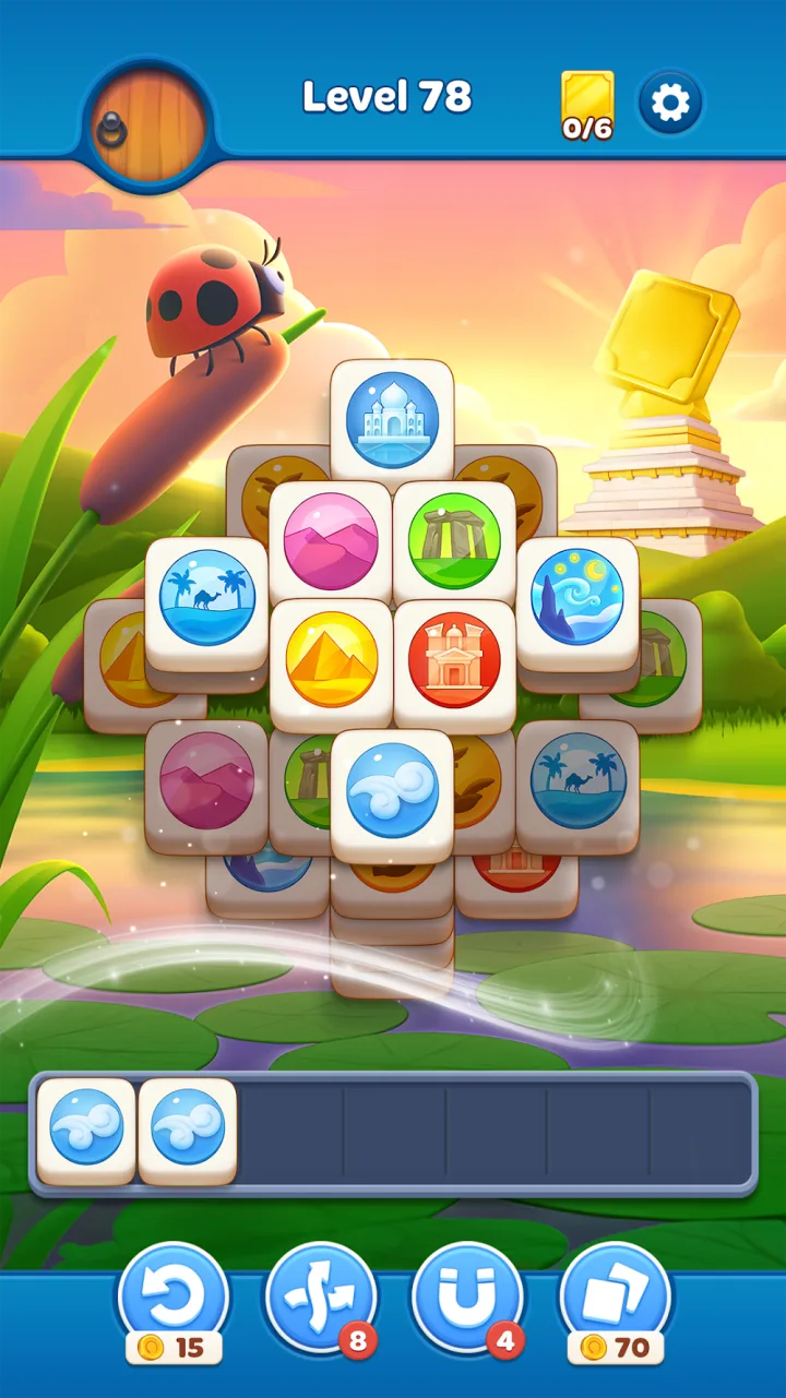 Zen Match stacked tiles above a calm landscape